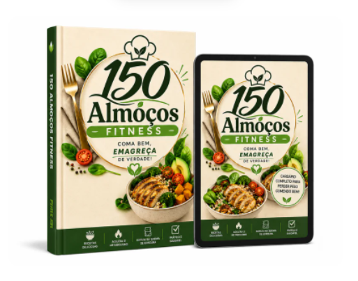 Mockup do livro digital 150 Almoços Fitness em versão livro e tablet