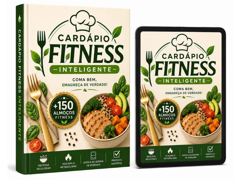 Mockup do livro digital Cardápio Fitness Inteligente em versão livro e tablet
