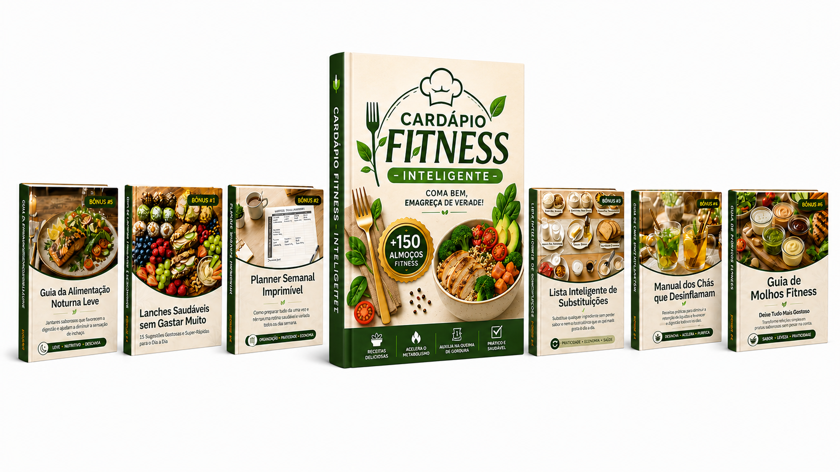 Mockup completo do Cardápio Fitness Inteligente com livro e bônus